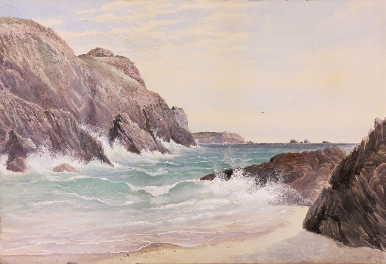 1316x900 Fine 1878 Watercolour - Waves Crashing On Rocks Painting