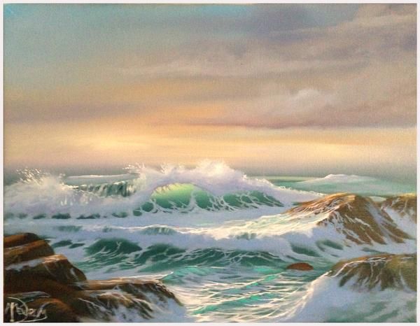 600x466 Sunset Seascape Oil Painting, Waves Crashing Off The Rocks - Waves Crashing Painting
