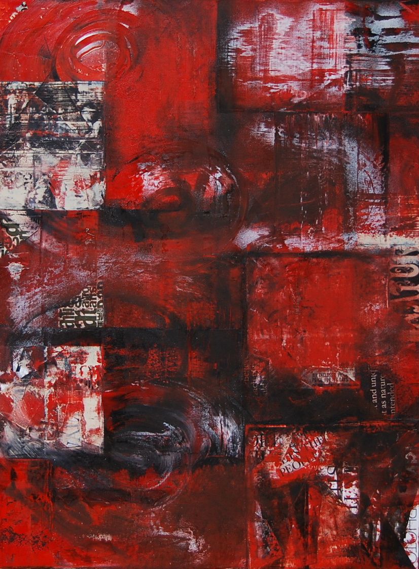 826x1120 Red Abstract H 48x36 Oil, Wax, Latex, Paper And Spray Paint - Wax Painting On Canvas