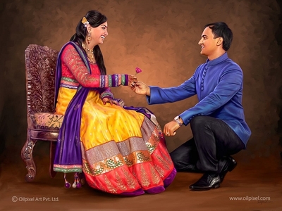 400x300 Couple Ring Ceremony Digital Painting By Kapil Vaishnani - Wedding Couple Painting