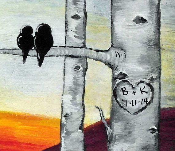 570x491 Personalized Wedding Gift Wood Aspen Trees Painting Bird Love - Wedding Gift Painting