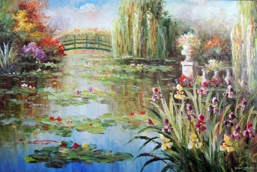 500x335 Lily Pond Purple Iris Flowers Weeping Willow Trees Landscape Oil - Weeping Willow Tree Painting