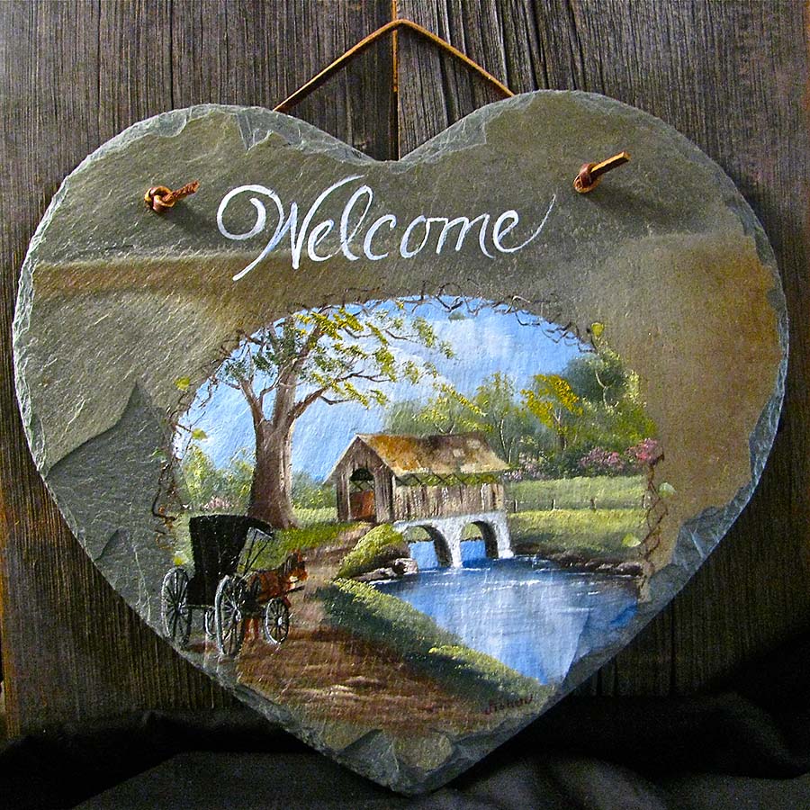 900x900 Spring Covered Bridge Welcome Slate - Welcome Painting
