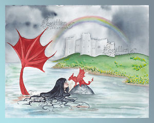 300x241 Welsh Dragon Mermaid Print From Original Painting By Camille - Welsh Dragon Painting