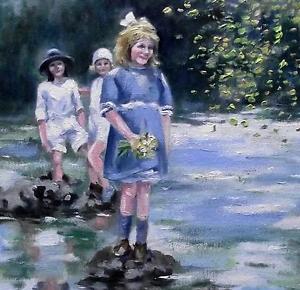 300x290 Stepping Stone Flowers Nostalgic Original Oil Painting By Wendy - Wendy Painting