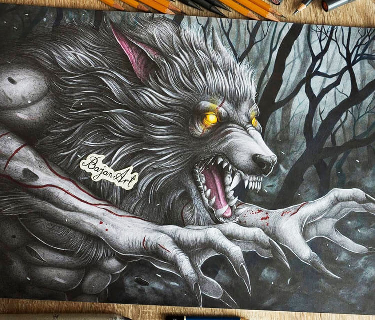750x640 Werewolf Drawing By Bajan Art No. 3252 - Werewolf Painting