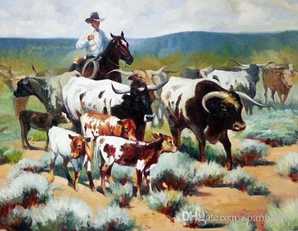 614x476 2018 Framed Wild Western Cowboy Driving Cows,pure Handpainted - Western Cowboy Painting