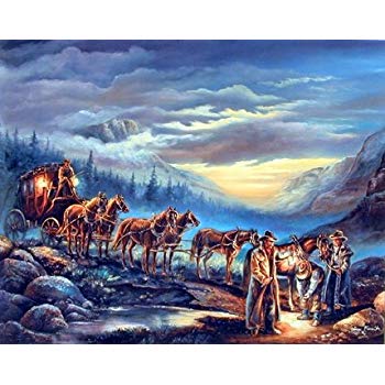 350x350 Western Cowboys Stagecoach With Horses (Night Scene - Western Cowboy Painting