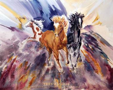 380x304 Tres Amigos Original Watercolor Horse Painting By Dotty Reiman - Western Horse Painting