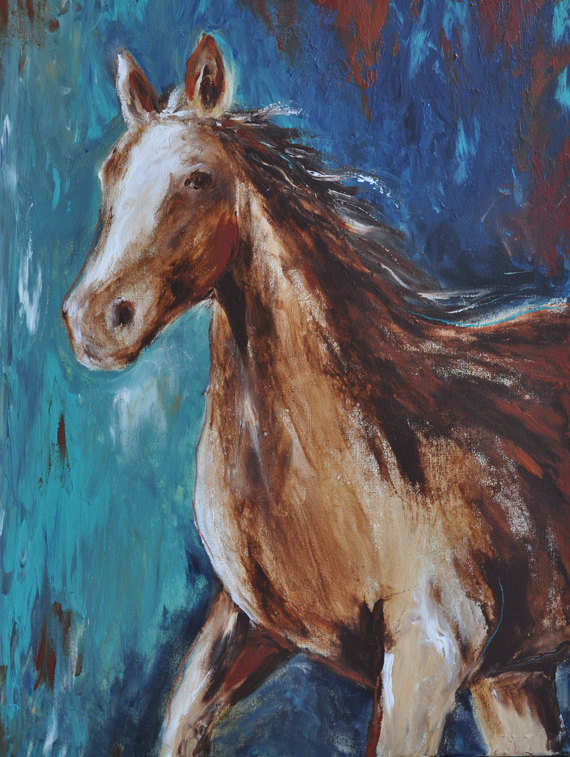 570x757 Western Horse Equestrian Painting Contemporary Art In Turquoise - Western Horse Painting