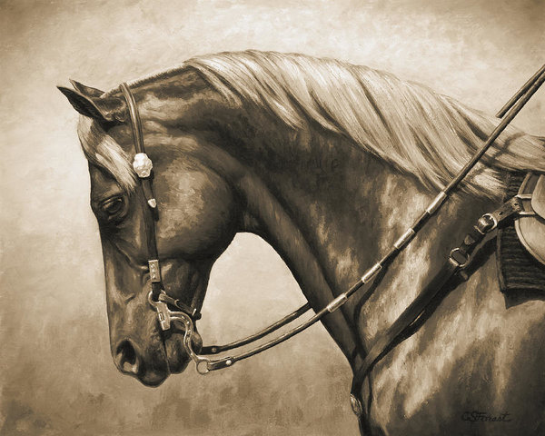 600x480 Western Horse Painting In Sepia Art Print By Crista Forest - Western Horse Painting