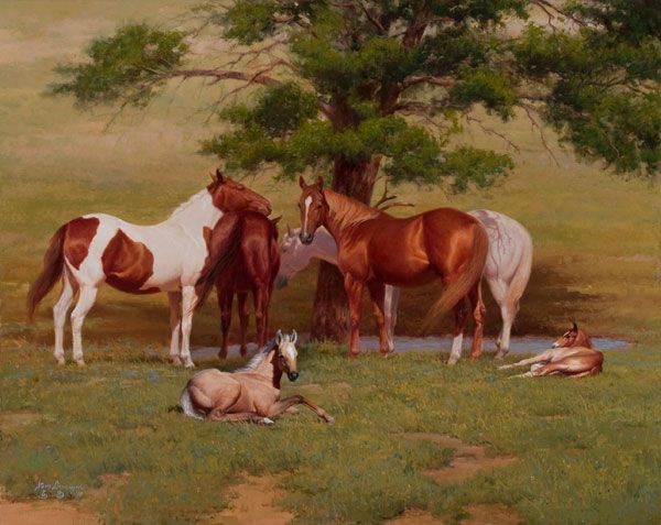 600x477 Maternity Ward Mares And Foals Newborn Horses Western Oil - Western Oil Painting Artists