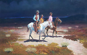 300x191 Vintage 70s Santos Barbosa Listed Artist Cowboy Southwest Western - Western Oil Painting Artists