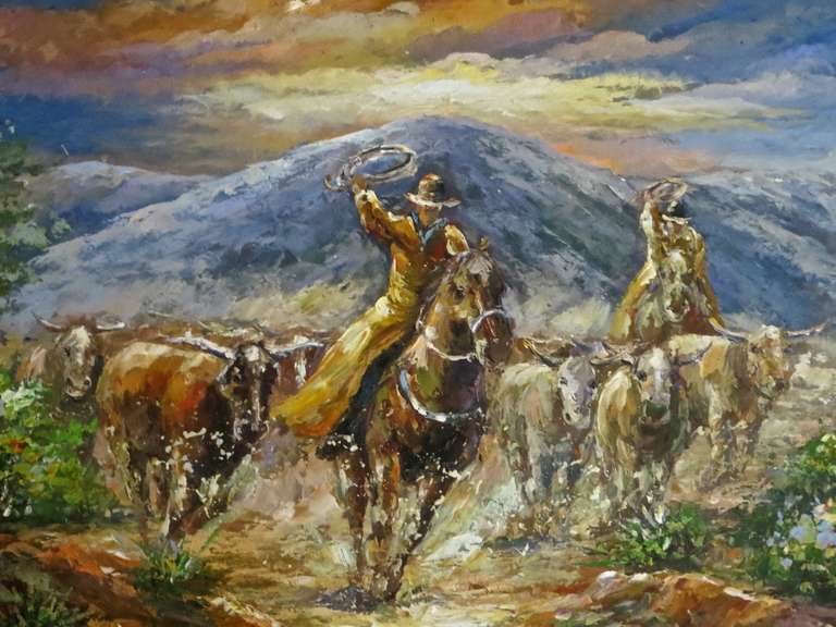 768x576 Western Painting Oil On Canvas, Scene Of A Roundup, Late 20th - Western Painting