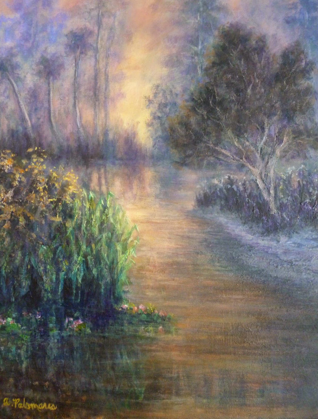 1215x1600 Sunset Wetland Nature Impressionist Painting Amber Palomares - Wetland Painting