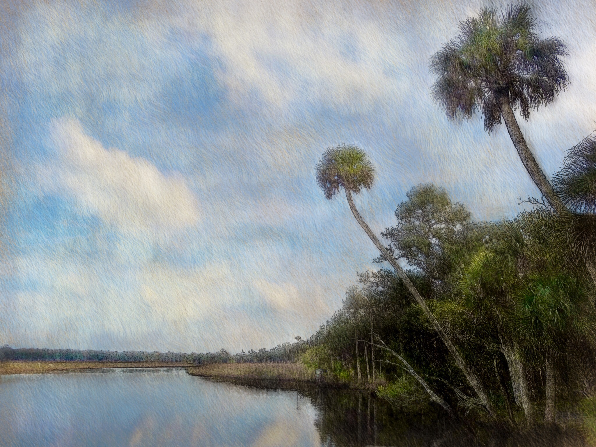 2048x1536 Wallpaper Landscape, Painting, Lake, Shore, Reflection, Sky - Wetland Painting