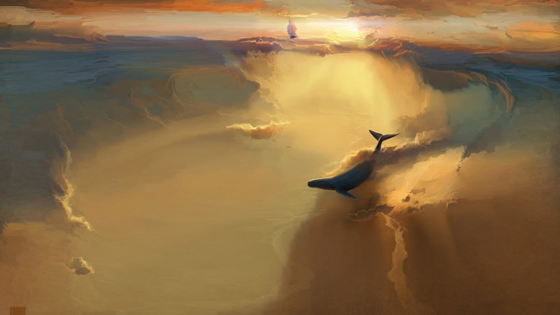 1920x1080 Sea Ship Birds Whale Clouds Painting - Whale And Ship Painting