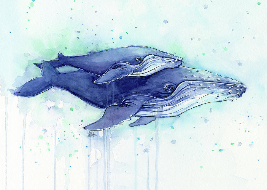 900x642 Humpback Whales Mom And Baby Watercolor Painting - Whale Painting