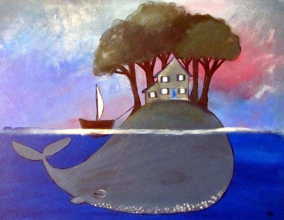 570x443 Surreal Whale Painting Whimsical Kids Art Print Wall Nursery Decor - Whale Painting For Kids