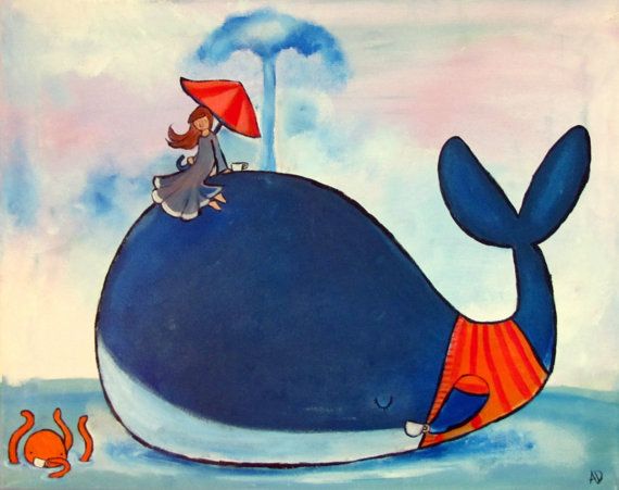 570x451 Whale Nursery Art Print, Childrens Room Decor, Whimsical Artwork - Whale Painting For Kids