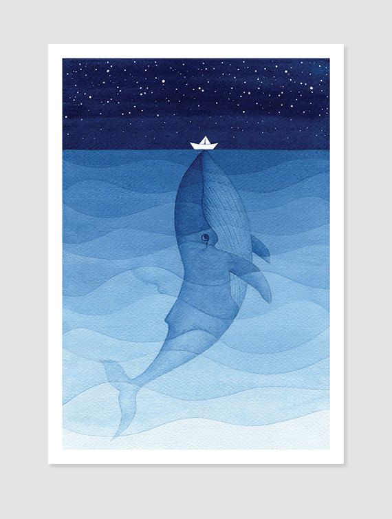 570x754 Blue Whale Original Illustration Wall Hanging Nautical Wall - Whale Painting For Kids