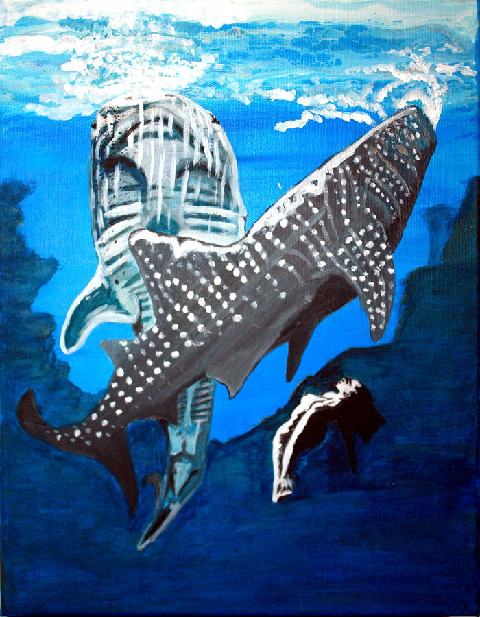 700x900 Whale Sharks And Girl Painting By John Ung - Whale Shark Painting