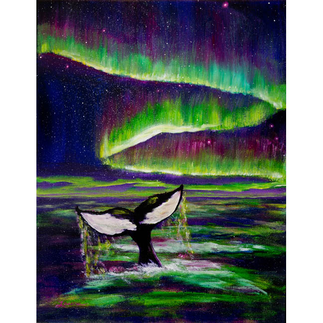 648x648 Killer Whale Tail In Aurora Borealis Original Painting Zenbreeze - Whale Tail Painting