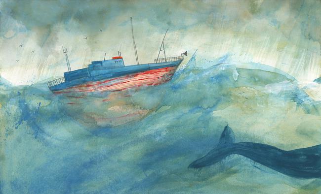 650x394 The Blue Whale Vampa - Whale Under Boat Painting