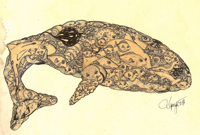 680x459 Whale Paper, Coffee, Tea, Ink - Whale Under Boat Painting