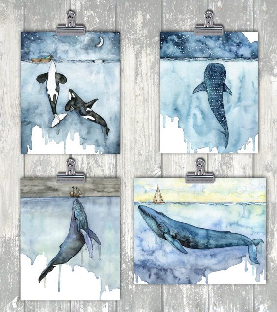570x641 Watercolor Whale Painting - Whale Under Boat Painting