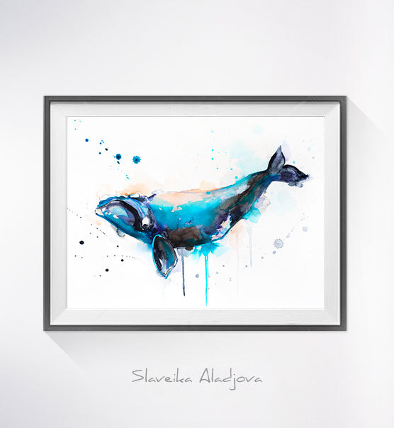 556x604 Right Whale Watercolor Painting Print - Whale Watercolor Painting