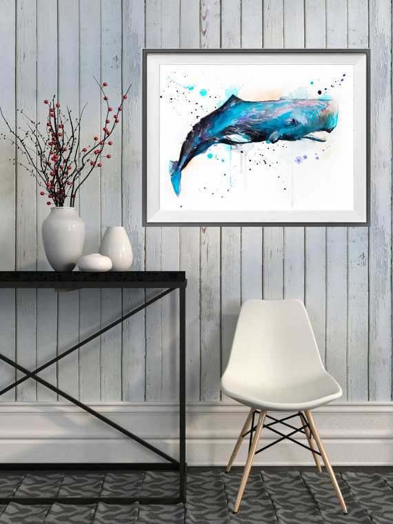 570x760 Sperm Whale Watercolor Painting Print - Whale Watercolor Painting