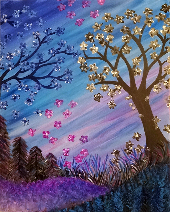 576x718 Amigos Sports Bar 11252016 Paint Nite Event - What Dreams May Come Purple Tree Painting