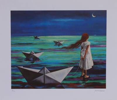 400x342 Limited Ed Giclee Of A Girl With Paper Boats From Mexico - What Is A Giclee Painting