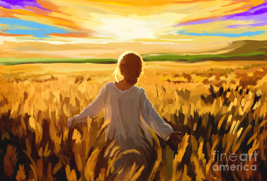 900x610 Woman In A Wheat Field Painting By Tim Gilliland - Wheat Field Painting