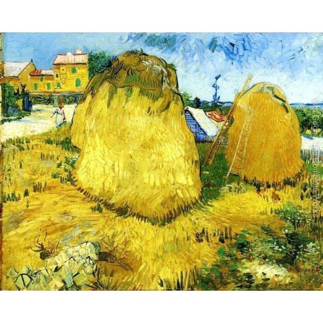 640x640 Stacks Of Wheat Near A Farmhouse By Vincent Van Gogh Oil Paintings - Wheat Painting