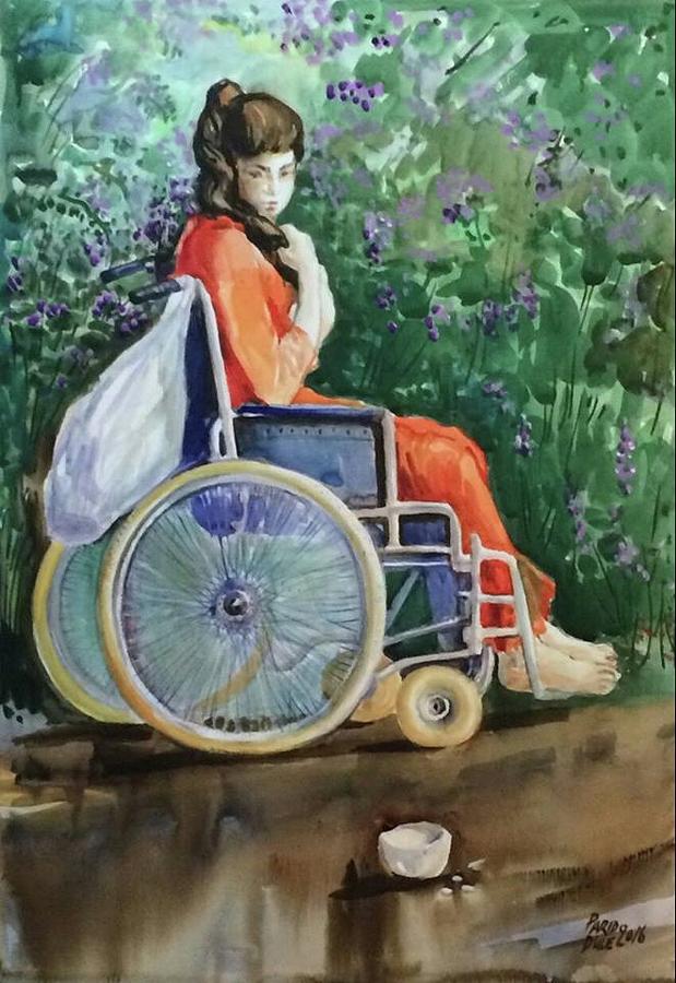 619x900 The Girl In Wheelchair Painting By Parid Dule - Wheelchair Painting