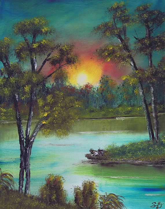 570x719 Bob Ross Style Original Painting Sunset Sunrise River Water Lake - Where To Buy Bob Ross Original Painting