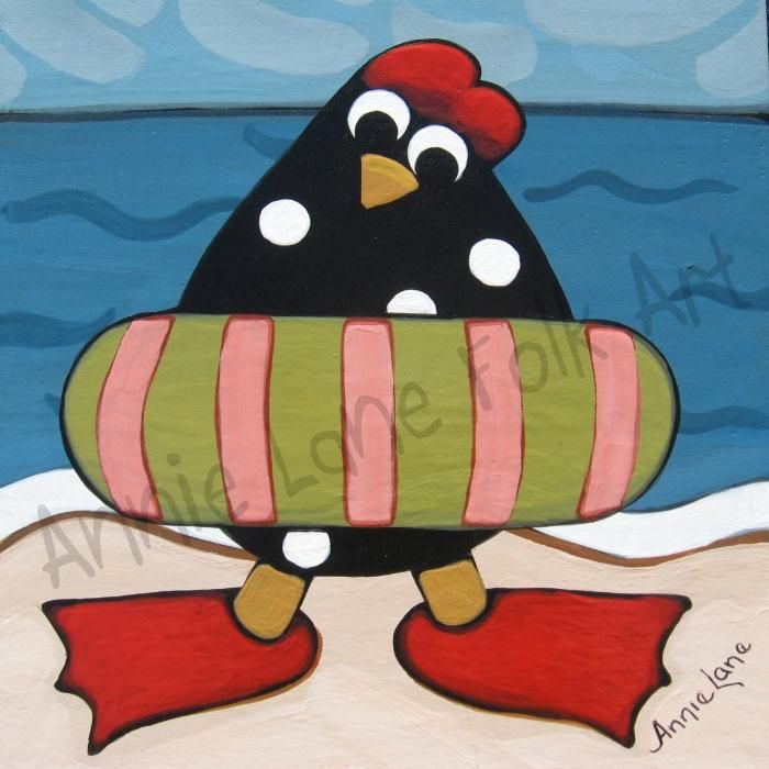 700x700 Chickin Dippin Whimsical Beach Chicken Painting By Annie Lane - Whimsical Beach Painting