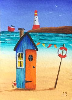 236x326 Whimsical Beach Hut No.3 Print By Zoe Emma Scott By Zoeemmascott - Whimsical Beach Painting