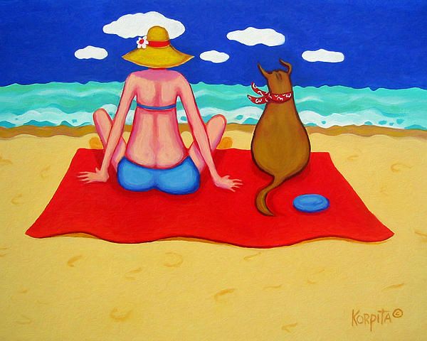 600x480 Whimsical Beach Seashore Woman And Dog By Rebecca Korpita - Whimsical Beach Painting
