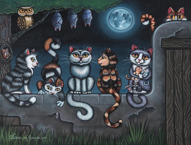 800x606 Hispanic Artist Victoria De Almeida Buy Original Folk Art Paintings - Whimsical Cat Painting