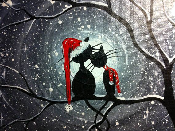 570x426 Original Whimsical Cat Painting A Winters Tail - Whimsical Cat Painting