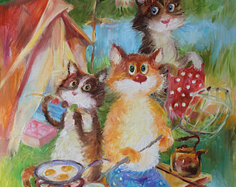 340x270 Original Oil Paintingwhimsical Cat Playing Guitarmusical - Whimsical Cat Painting