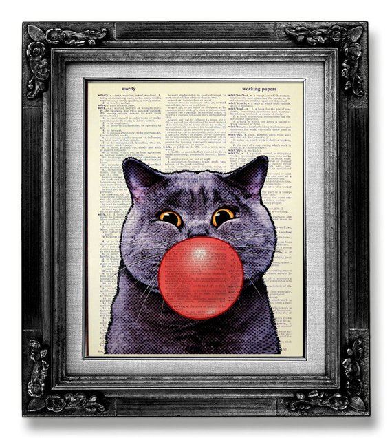 570x636 Whimsical Cat Art Print Geekery Cat Decor Geek Cat Painting - Whimsical Cat Painting