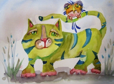 400x295 Whimsical Cat Art Art On Paper - Whimsical Cat Painting