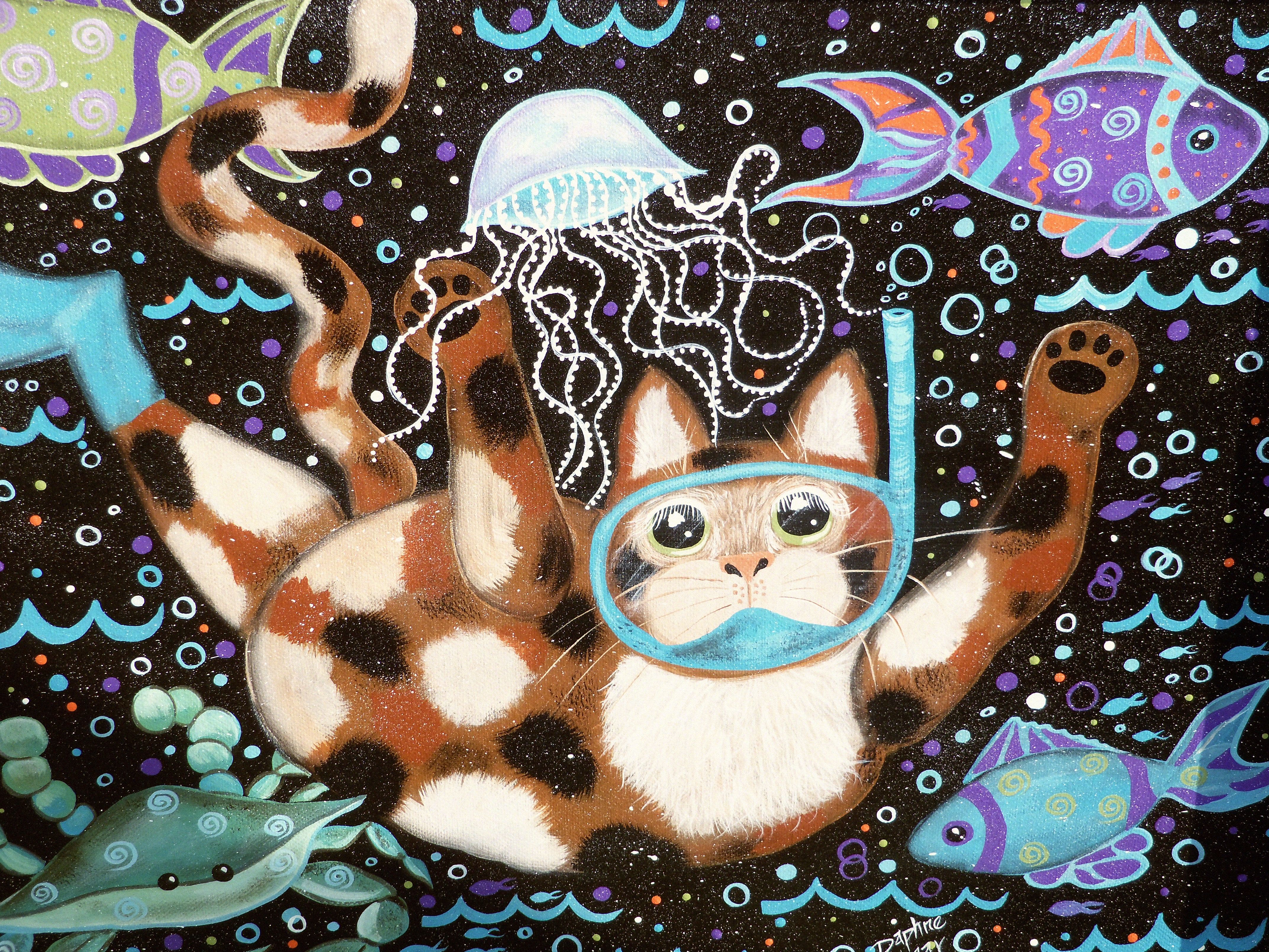 4288x3216 Whimsical Cat Painting. Scuba Cat. Daphne's Art - Whimsical Cat Painting