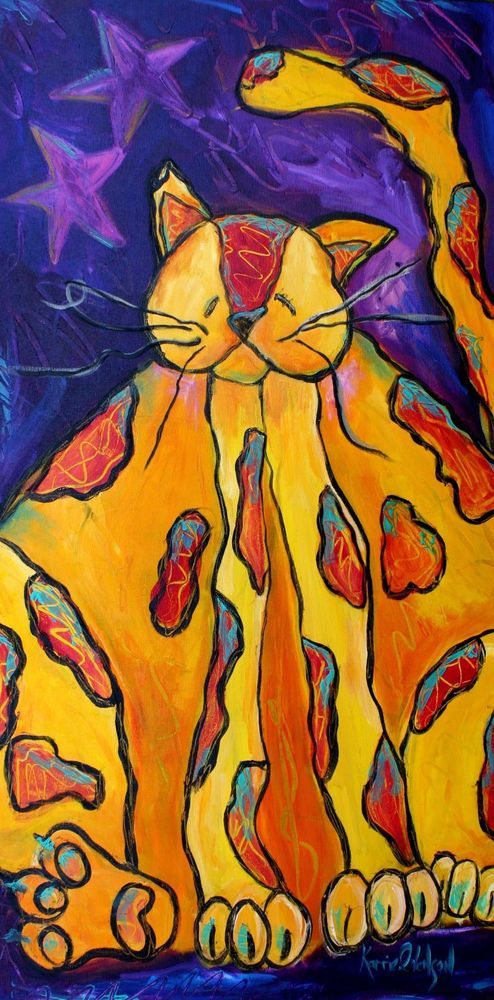 494x1000 Cat Painting, Original Art, Whimsical Painting, Large Whimsical - Whimsical Cat Painting