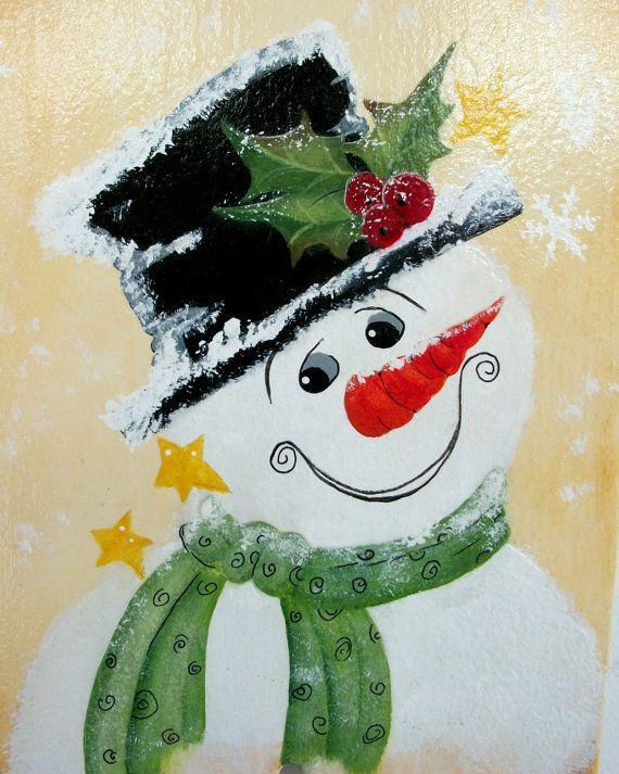 570x713 Folk Art Snowman - Whimsical Christmas Painting
