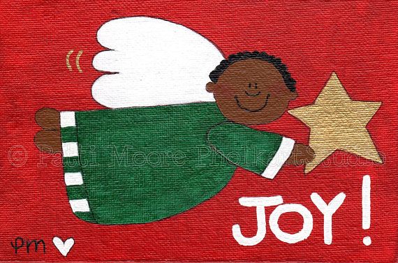 570x377 Whimsical Christmas Folk Art Mini Canvas, Original Mixed Media - Whimsical Christmas Painting